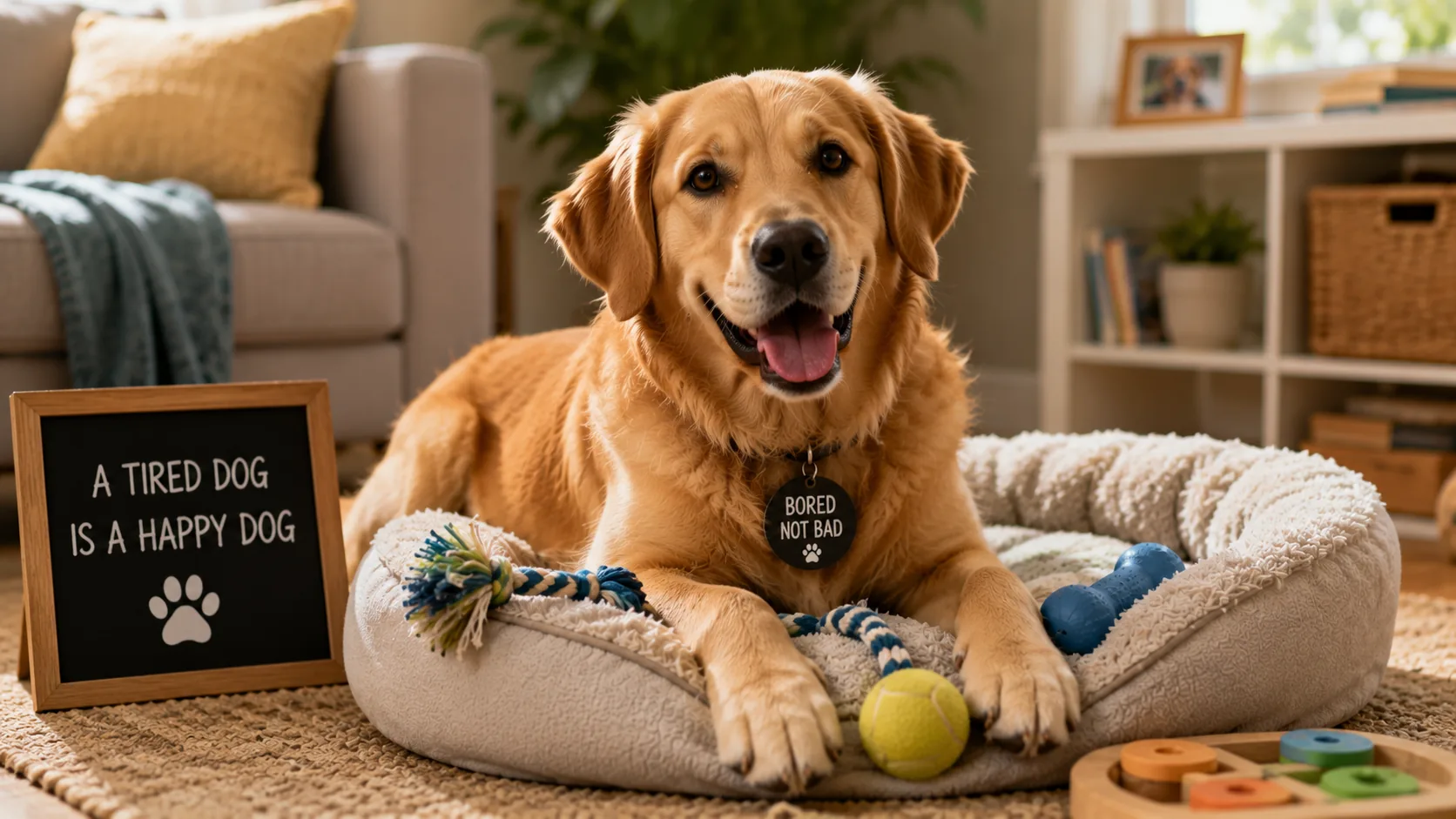 Relaxed dog following its owner through a bright home