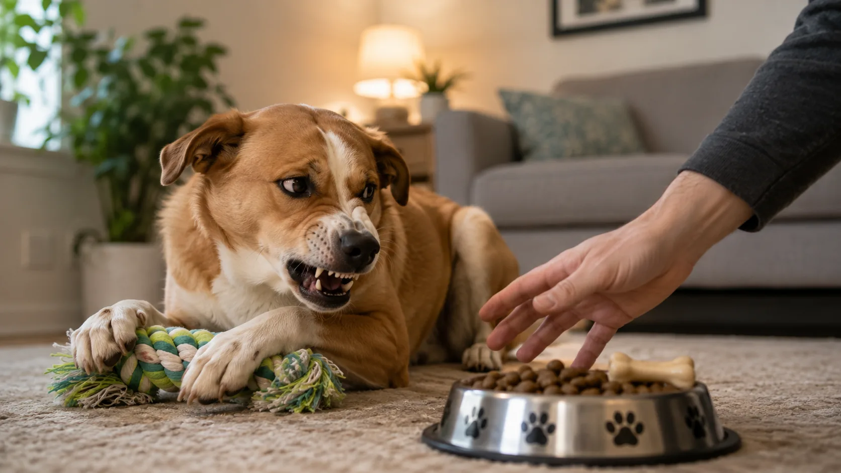 Dog calmly near a food bowl while an owner practices safe reward-based training at a distance