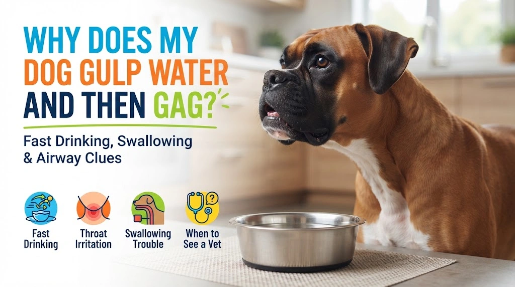 Dog drinking water from a bowl at a calm pace while its owner observes swallowing
