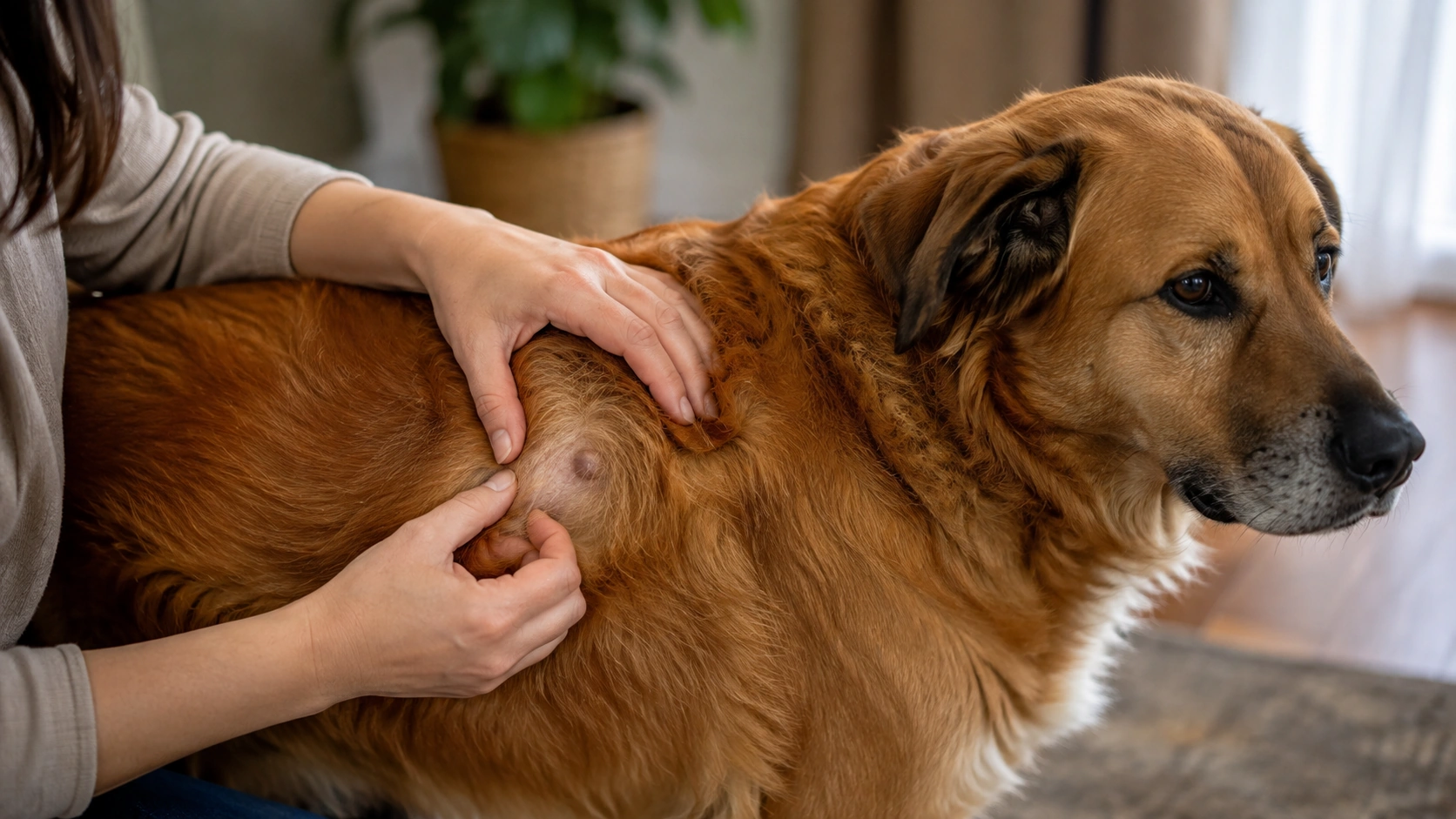 Owner gently noticing a small lump beneath a dog's coat