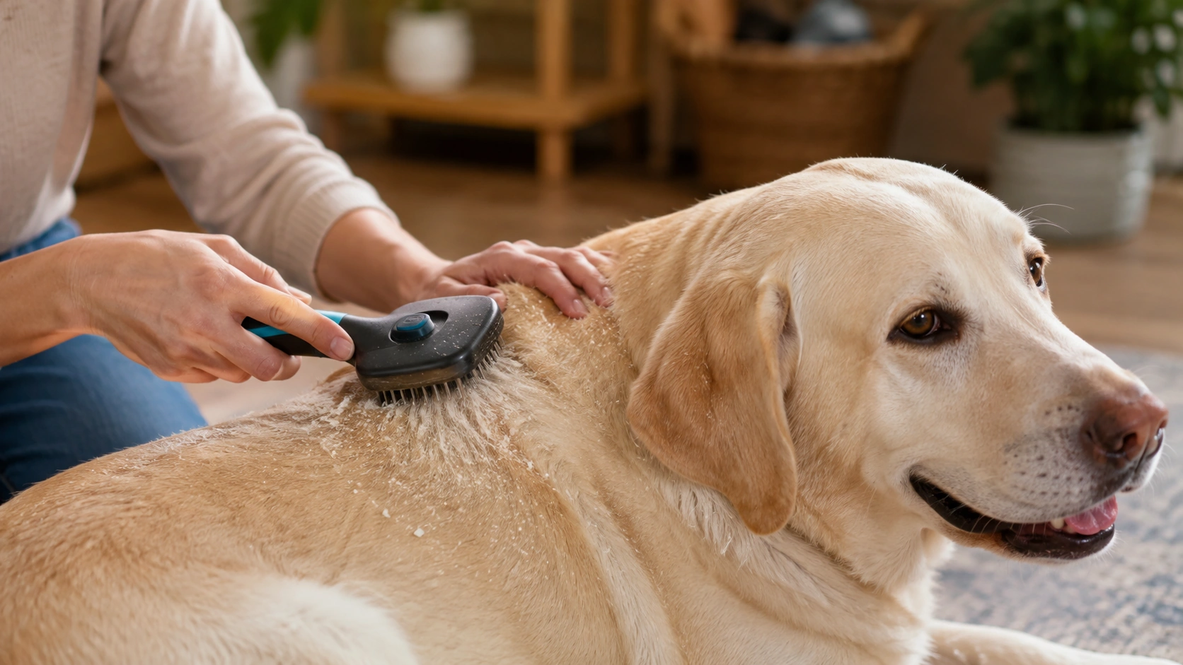 Close view of a dog coat with a few white flakes during brushing