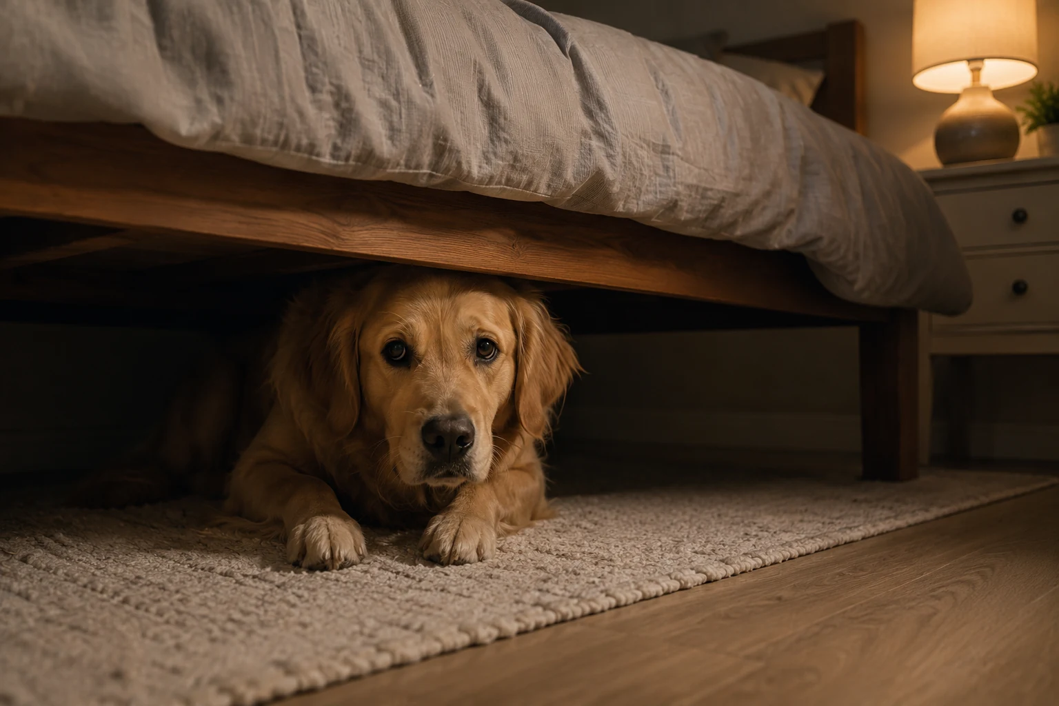 Dog placing a treat near a blanket as if saving it for later