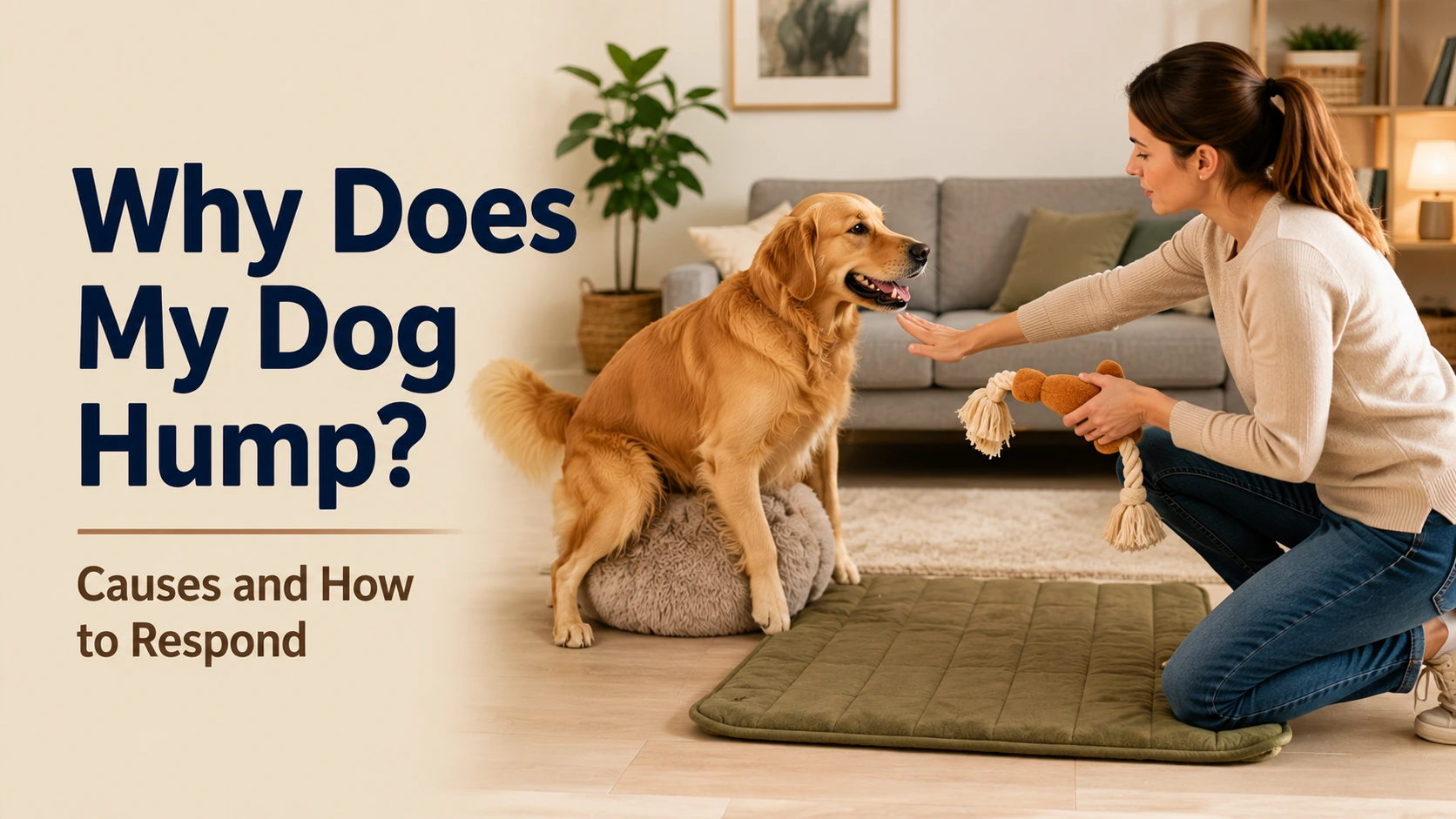 Excited dog being calmly redirected by its owner away from mounting behavior