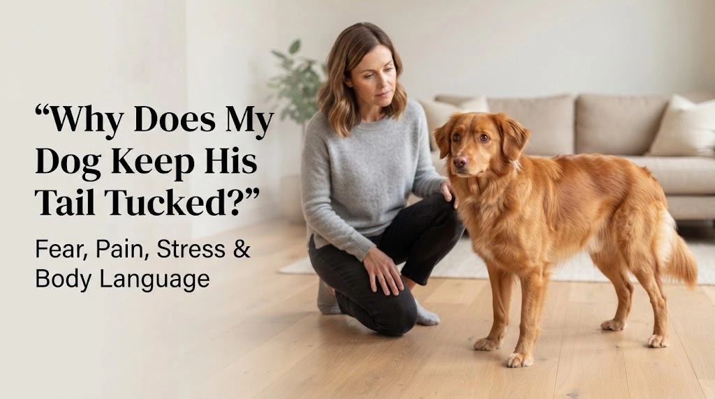Dog holding its tail tucked while an owner calmly observes the dog's posture and surroundings
