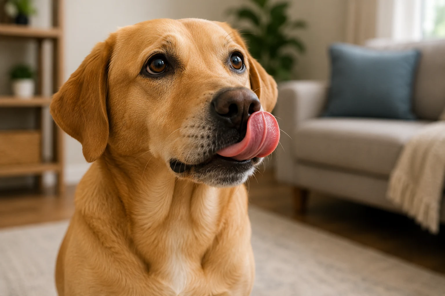 Dog licking its lips while an owner calmly observes