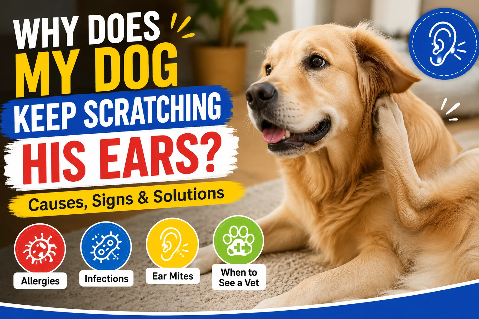 Dog scratching near one ear while an owner observes