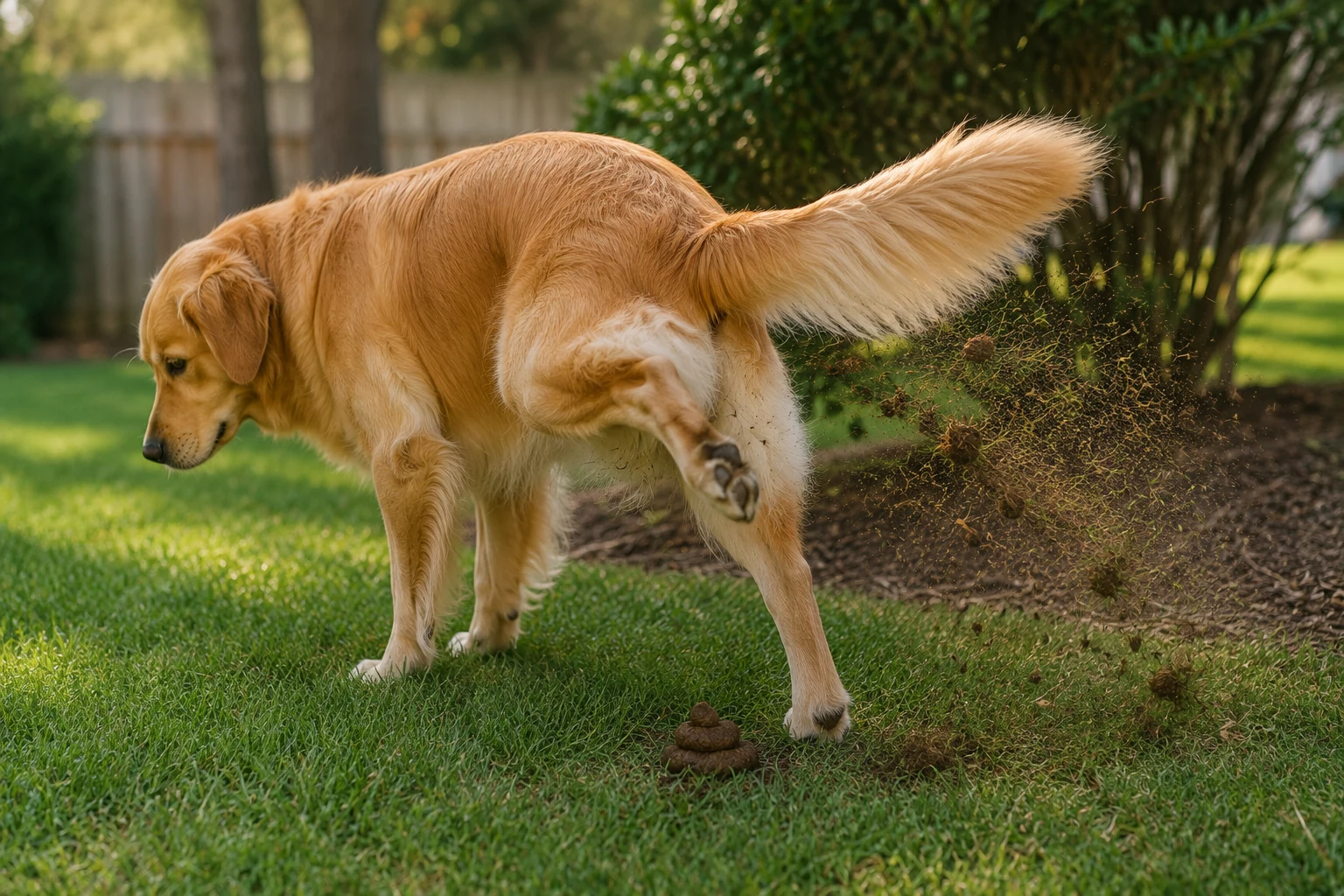 Dog lightly kicking grass after finishing a bowel movement