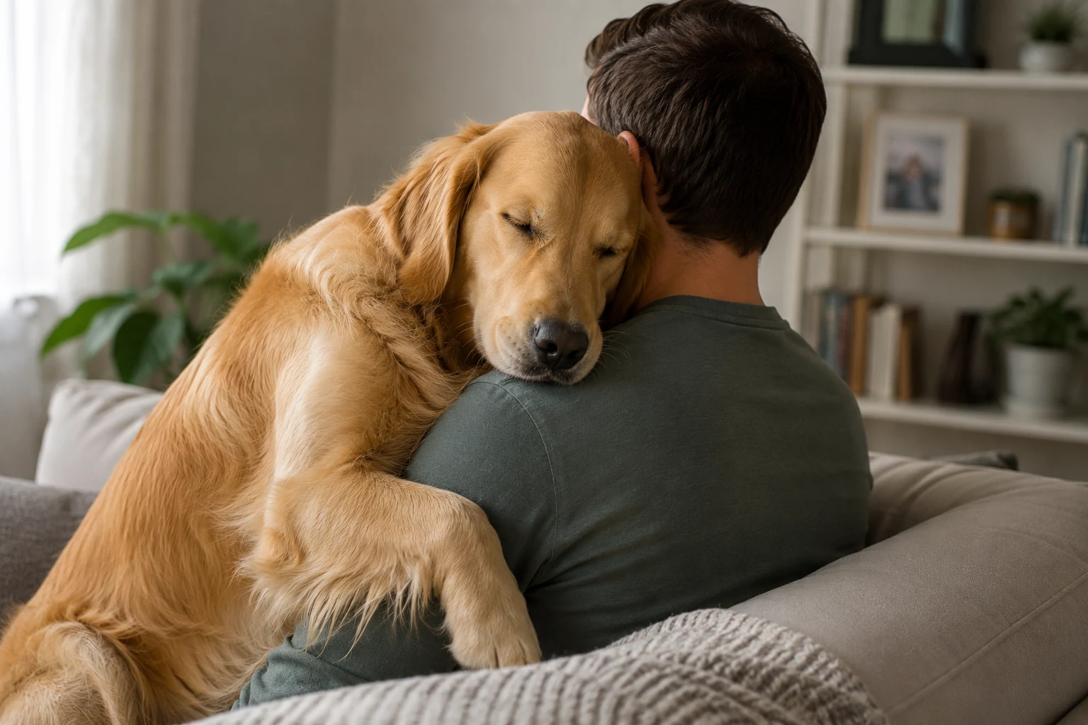Relaxed dog gently leaning against its owner's leg