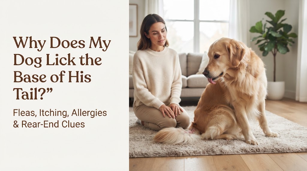 Dog turning to lick the base of its tail while an owner checks the coat for irritation