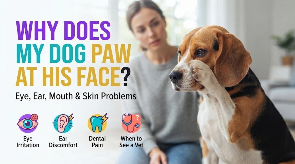 Dog lifting a paw toward its face while an owner checks for visible eye ear or mouth irritation