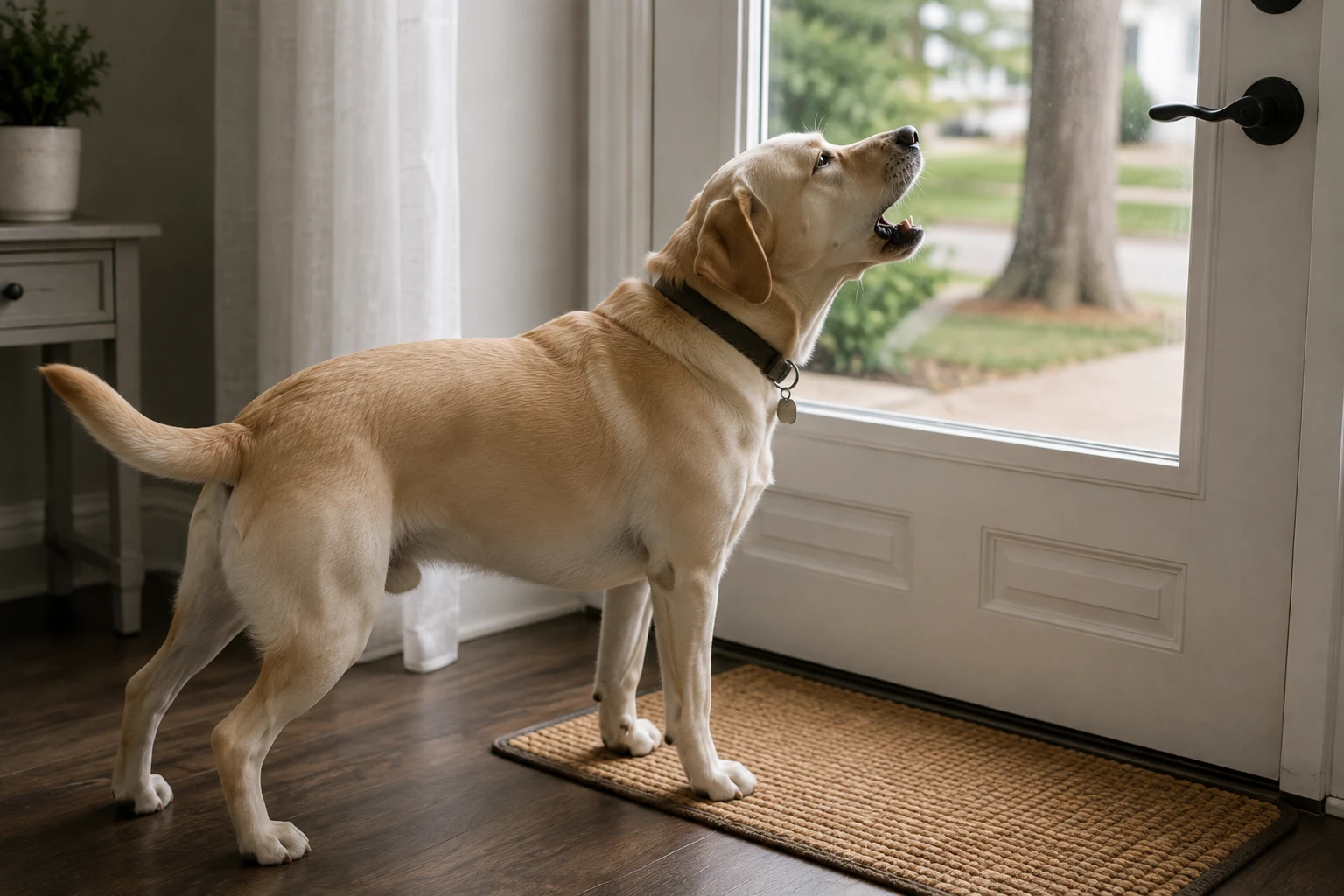 Dog gently placing one paw on owner's knee