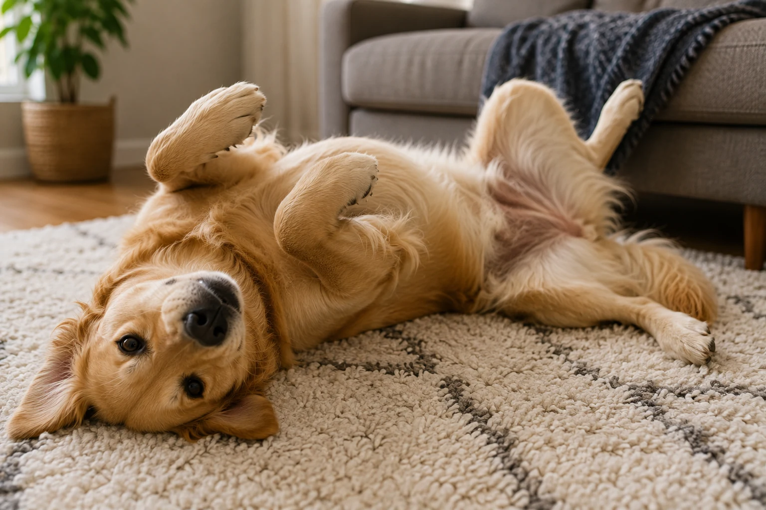 Relaxed dog lying belly-up with loose body language
