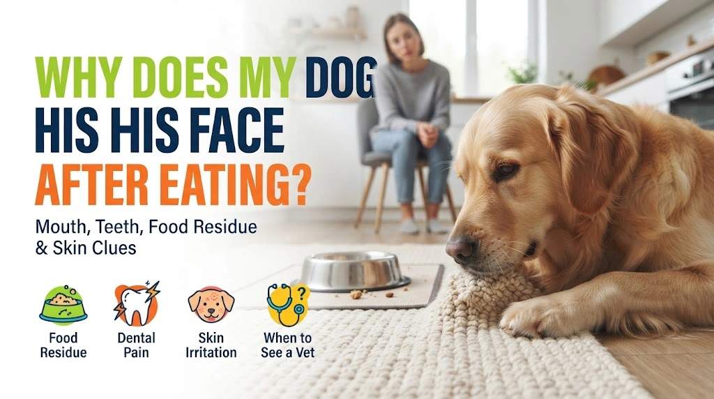 Dog gently rubbing its muzzle after a meal while its owner watches for signs of discomfort