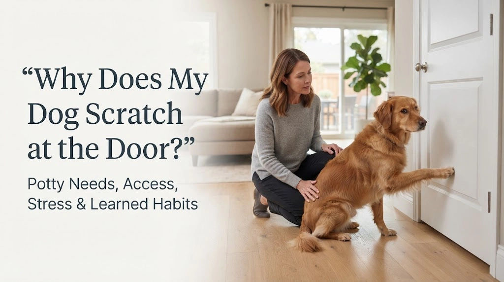 Dog standing beside a door with one paw raised while an owner prepares to respond calmly