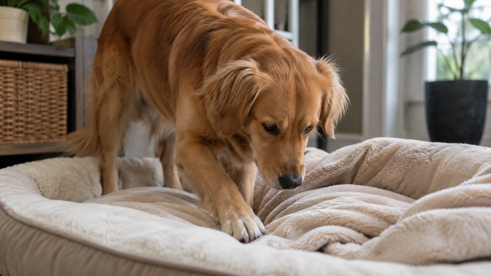 Dog gently scratching a blanket before settling