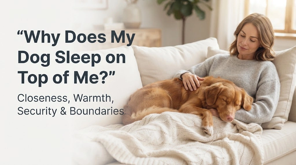 Relaxed dog sleeping partly across an owner's legs on a sofa