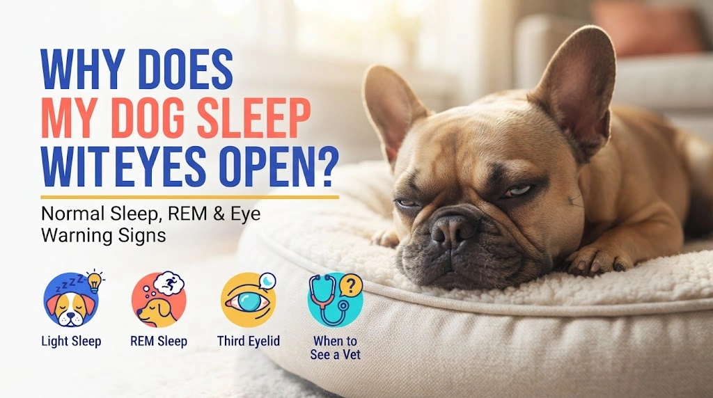 Sleeping dog with relaxed partially open eyelids and no visible eye irritation