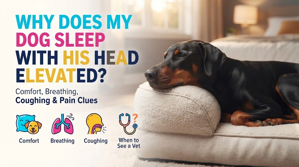 Dog sleeping comfortably with its head resting slightly elevated on the edge of a bed
