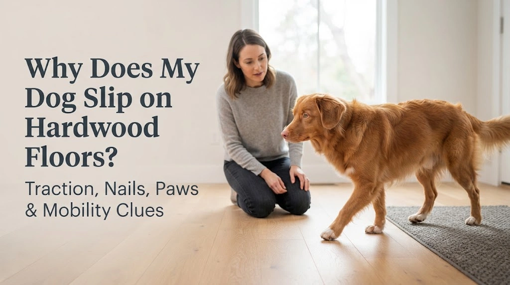 Dog walking carefully on hardwood beside a non-slip rug while an owner watches its footing