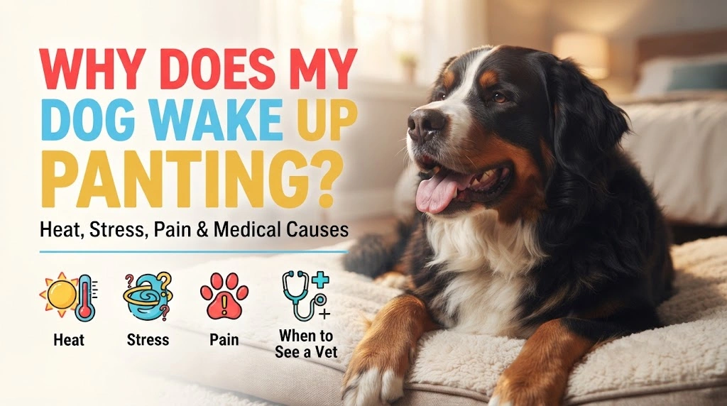 Dog awake and lightly panting on its bed while an owner checks room temperature and comfort