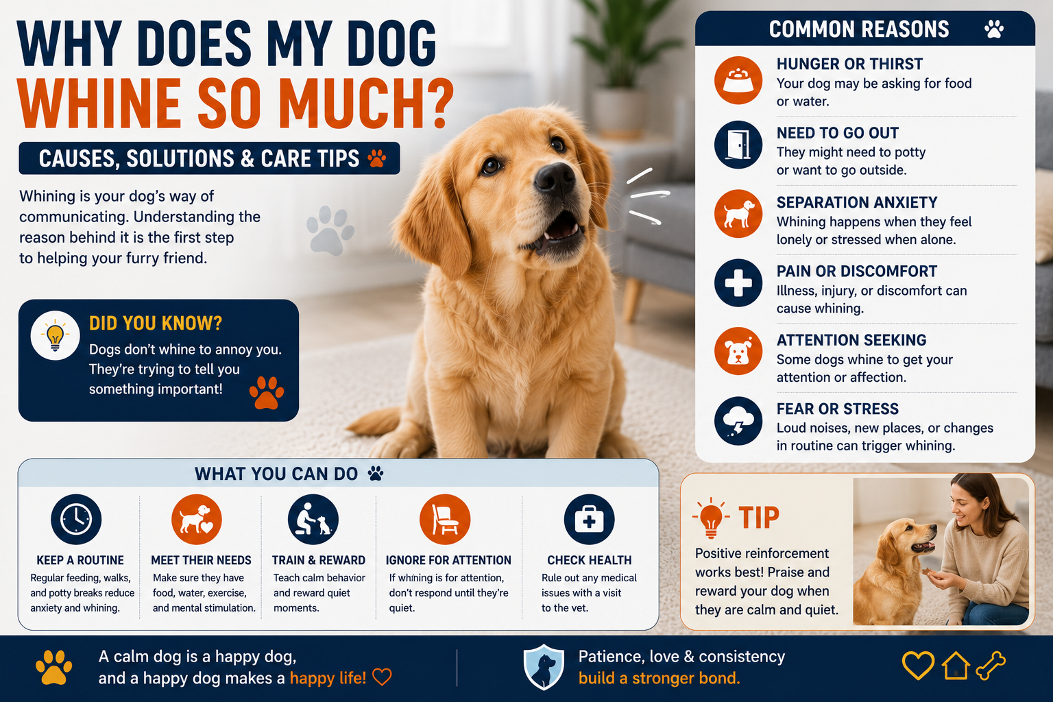 Dog looking toward its owner while softly whining at home