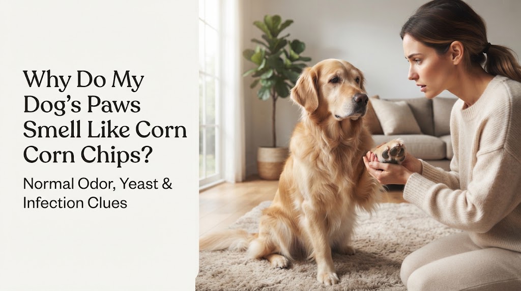 Dog owner observing a dog for signs related to why do my dog's paws smell like corn chips