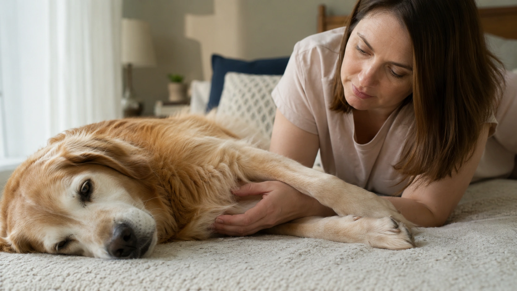Dog sleeping calmly while an owner observes chest movements