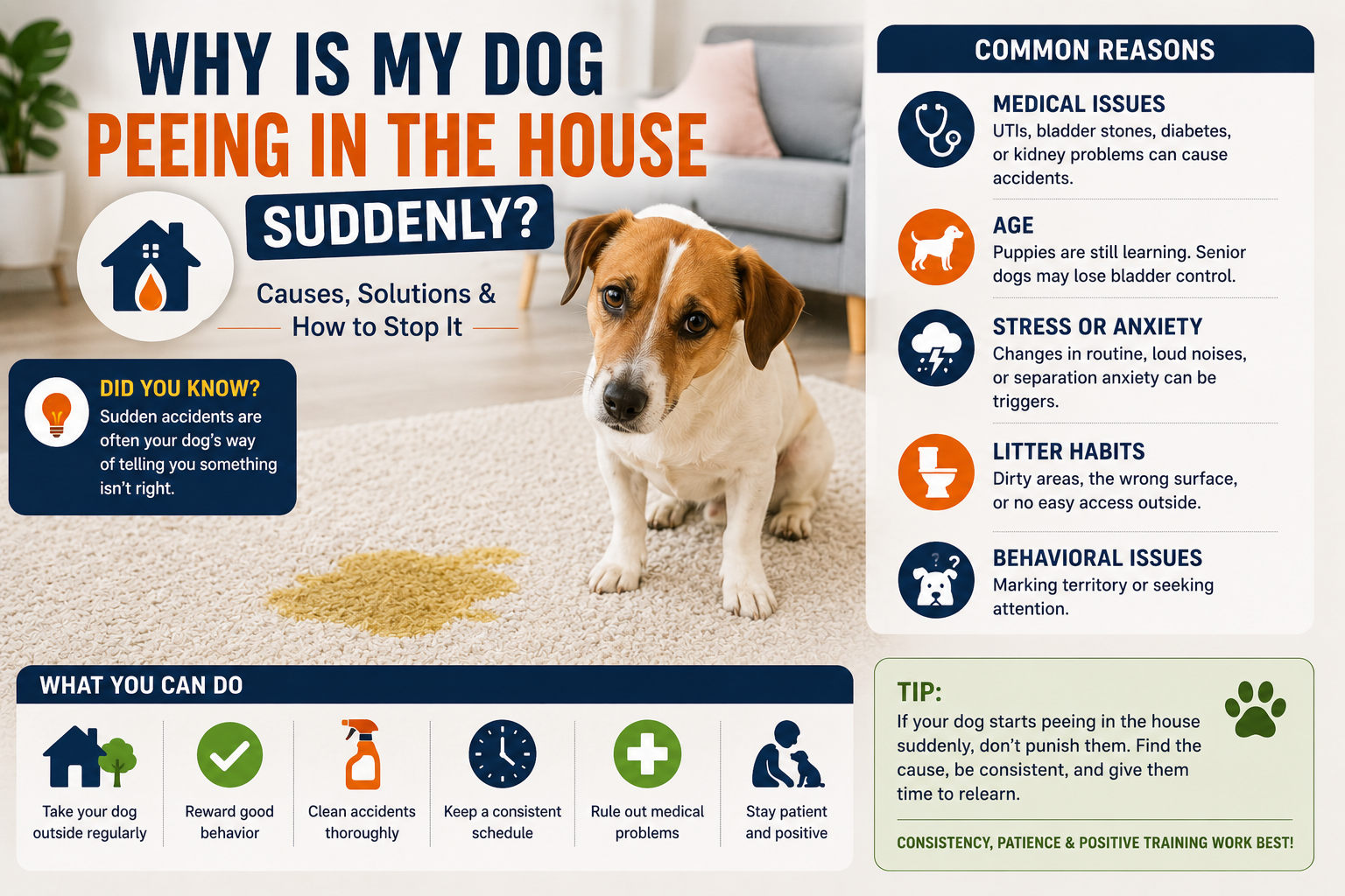 House-trained dog waiting near a door while its owner observes a sudden change in urination