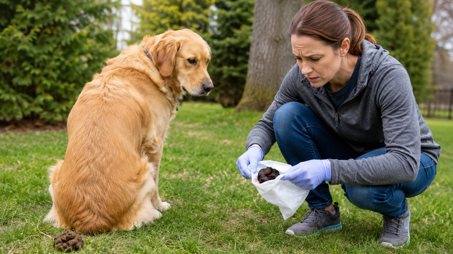 Dog owner examining an abnormal stool sample outdoors before contacting a veterinarian