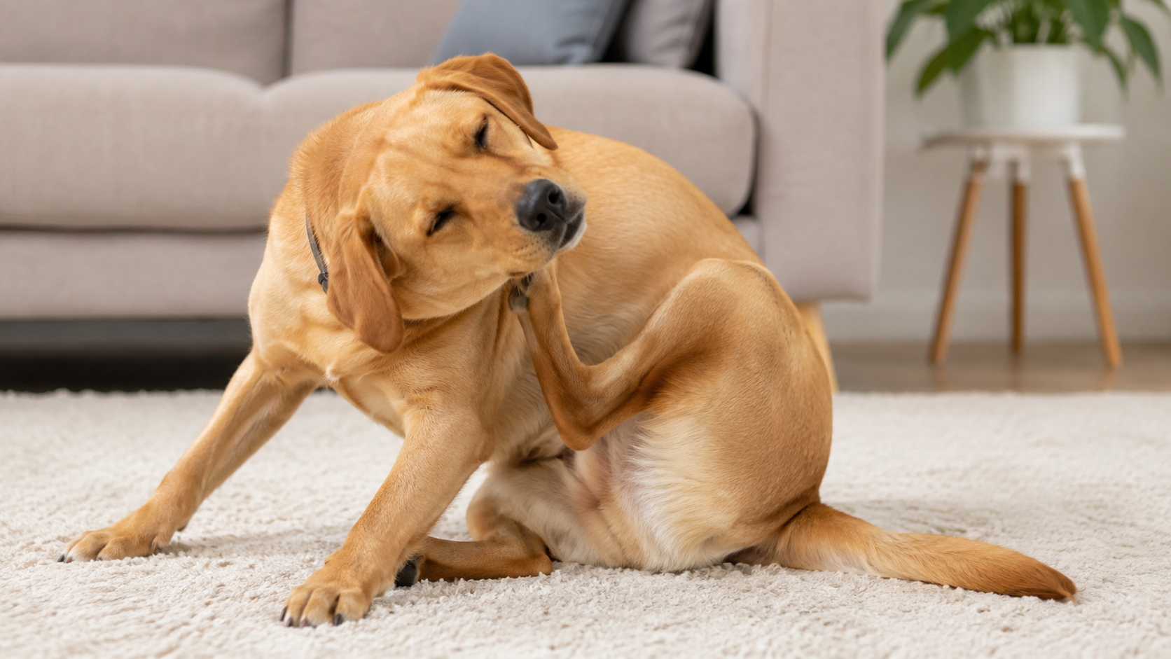 Dog scratching its side while an owner gently checks the skin and coat