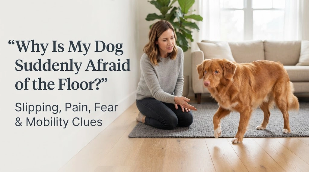 Dog hesitating at the edge of a smooth floor with a non-slip runner placed nearby