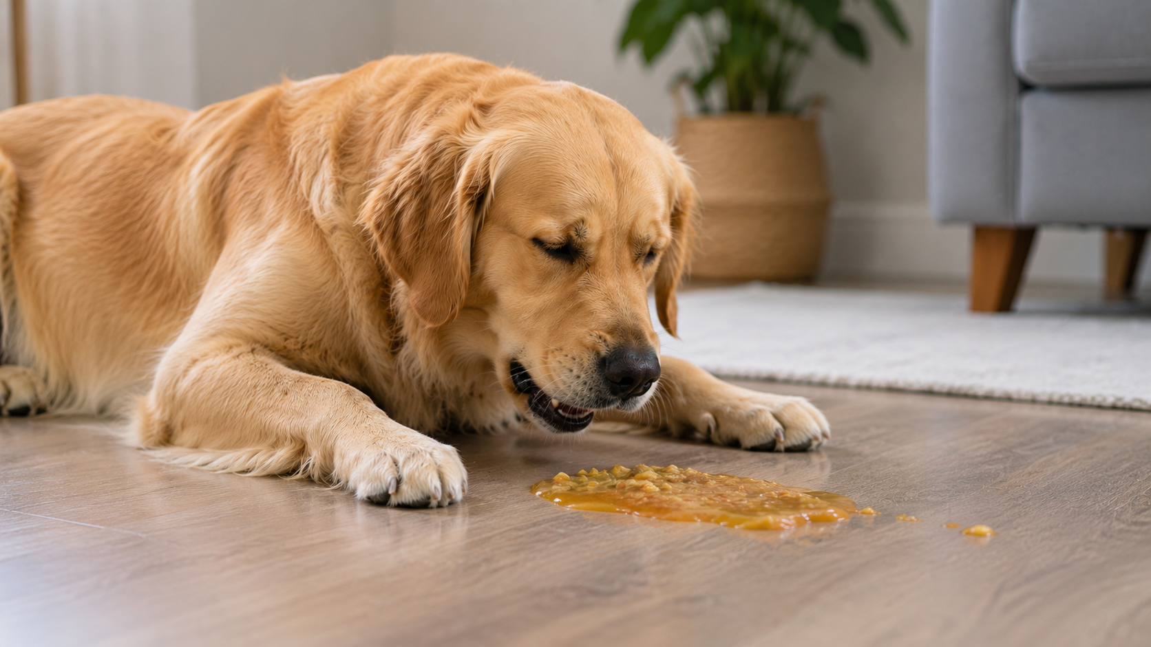 Concerned owner comforting a dog near a clean floor after vomiting