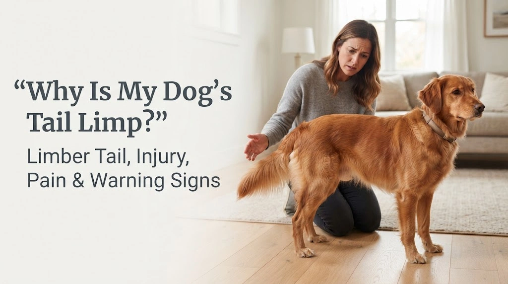 Dog standing with a lowered limp tail while an owner observes its movement without manipulating it