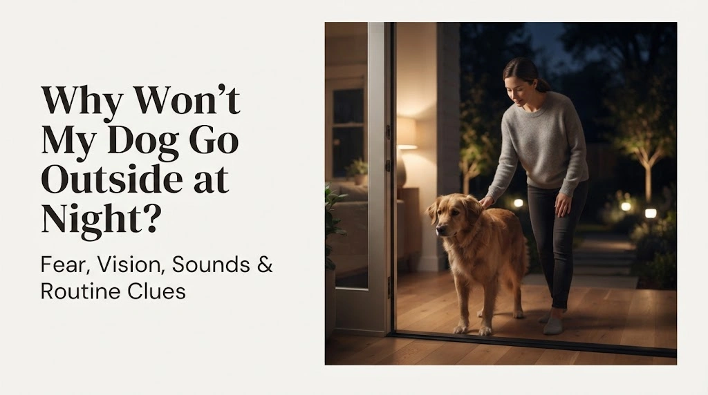 Dog pausing at an open doorway at night while an owner provides calm support