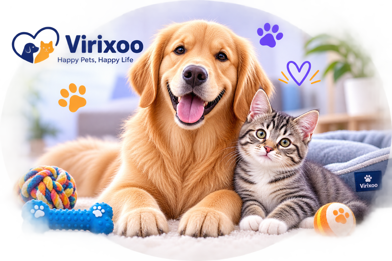 Happy golden retriever and tabby cat representing Virixoo pet care guides